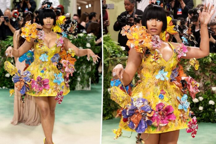 Nicki Minaj blooms in 3D floral minidress and bob hairstyle on the 2024 Met Gala red carpet