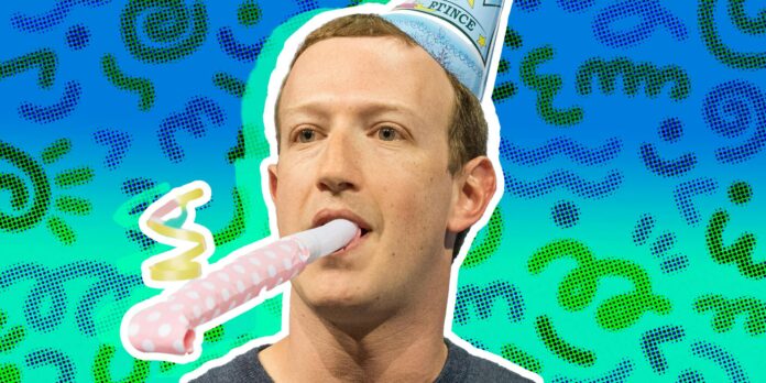 Mark Zuckerberg with a party hat and blower with abstract background