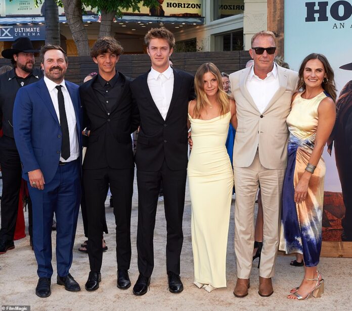 Kevin Costner and his children: from left, Joe, Hayes, Cayden, Grace, Kevin, Annie at the LA premiere of Horizon: An American Saga - Chapter 1 at the Regency Village Theater in LA on Monday