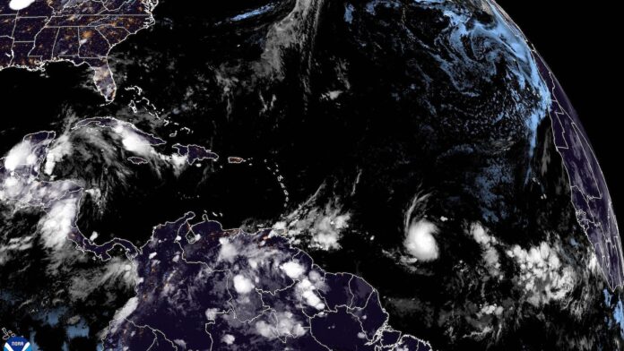 Tropical Storm Beryl forms in the Atlantic Ocean, blowing toward the Caribbean Sea
