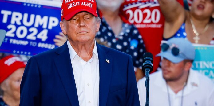 Former U.S. President Donald Trump during a campaign event at the Trump National Doral Golf Club in Miami, Florida, U.S., on Tuesday, July 9, 2024. Trump injected reality TV-level drama into his Miami rally, repeatedly teasing but not announcing Rubio as his running mate, in an effort to draw maximum attention to his vice presidential selection. Photograph: Eva Marie Uzcategui/Bloomberg via Getty Images