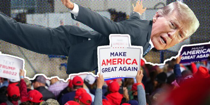 Donald Trump flying over MAGA crowd in front of voting booths