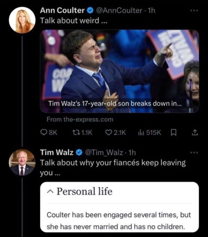 HOT: Edited barrenness tweet goes viral of Tim Walz mocking Ann Coulter for being engaged several times with no children on Twitter