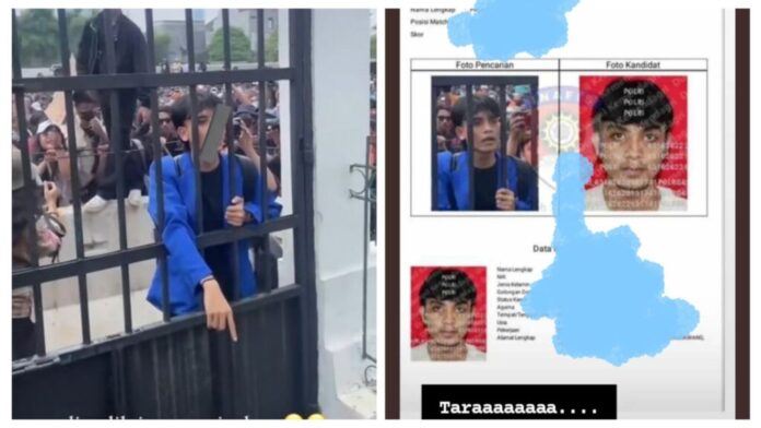 PERCAYA KAMU VIDEO: Pemuda pengunjuk rasa, Padly Firman Isom Hadik, mengacungkan JARI TENGAH di depan pintu gerbang saat protes perubahan tanggal pemilu di Indonesia karena data pribadinya disebarkan oleh petugas polisi, Rafli Citro, di Instastory