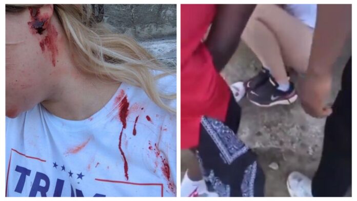 VIDEO: 2 black thugs beat up white American girl for wearing Trump shirt outside a rally in Pennsylvania