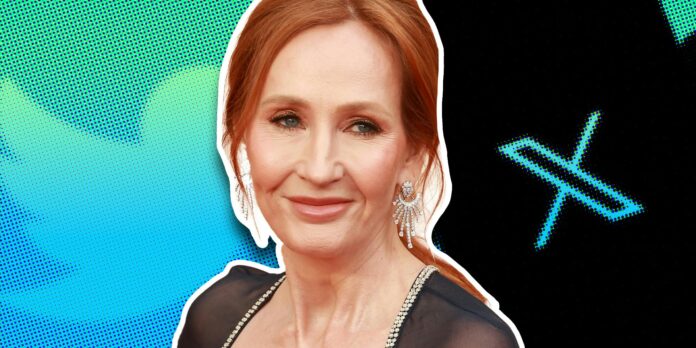 JK Rowling over X and twitter logo