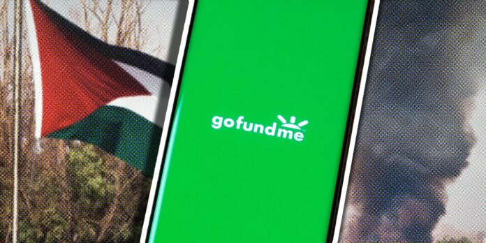 Phone with gofundme app over Palestinian flag and smoke