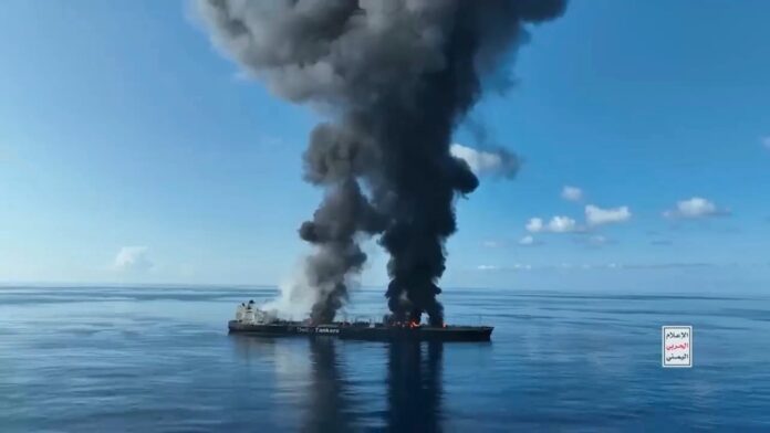 This frame grab from video released by the Ansar Allah Media Office, the media arm of Yemen's Houthi rebels, on Thursday, Aug. 29, 2024, shows explosions striking the Greek-flagged oil tanker Sounion in the Red Sea after Yemen's Houthi rebels boarded and set explosives on the tanker, which was earlier abandoned after the Houthis repeatedly attacked it, setting off blasts that put the Red Sea at risk of a major oil spill. The logo in the bottom righthand corner of the image reads in Arabic: "Yemeni War Media." (Ansar Allah Media Office via AP).