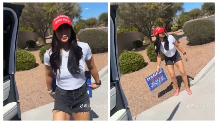 VIDEO: Izzy Industries LLC employee, Crissy Coonrod, stole Kamala Harris signs in Gilbert & Chandler area as she bragged about the crime on TikTok