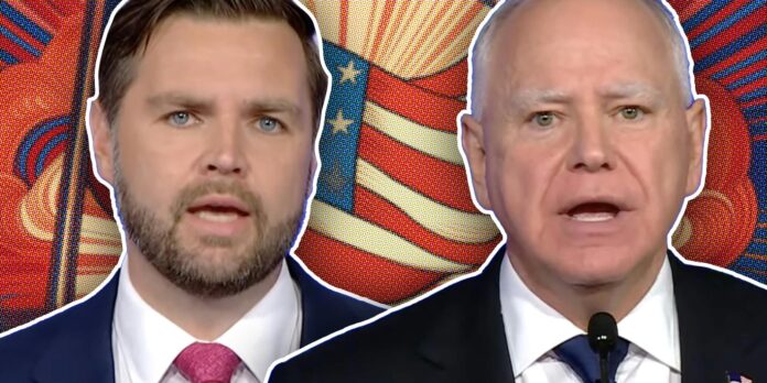 JD Vance and Tim Walz over american flag graphic