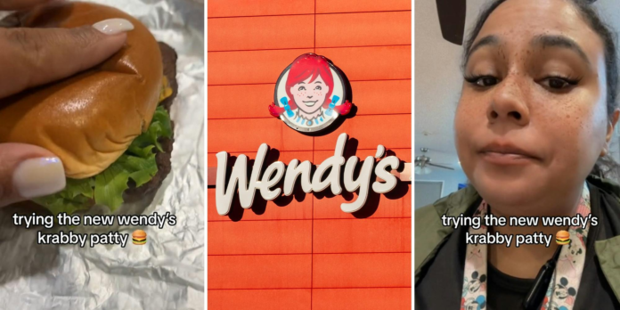 Wendy's Krabby Patty(l) Wendy's Restaurant Sign(c) Woman trying new krabby patty at Wendy's(r)