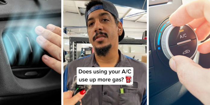 hand near cold ac car vent(l) Mechanic answering a question on tiktok(c) Turning AC knob(r)