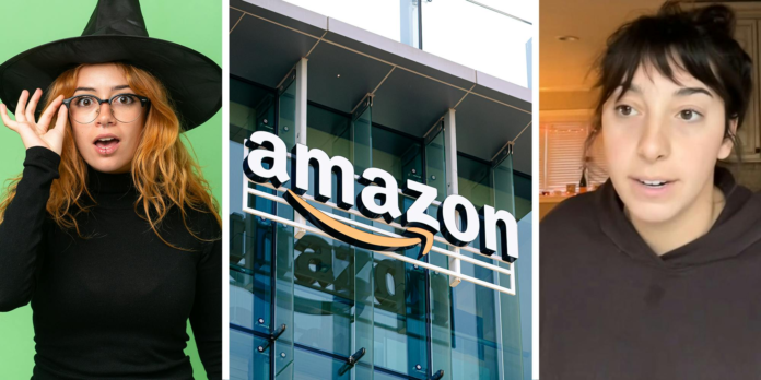 Woman wearing halloween costume holding up glasses(l) Amazon Store Building Sign(c) Woman sharing story on tiktok video(r)