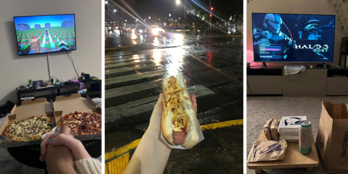 couple eating pizza and gaming together(l) Hand holding a hot dog by the side of the road(c) Halo 3 on TV and Taco bell on table(r)