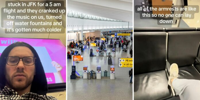 ‘No one can lay down’: Man gets stuck in JFK airport overnight. They turned up the music and turned off the water fountains