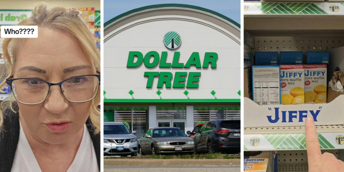 Woman inside Dollar Tree Store(l) Dollar Tree Store Front(c) Jiffy Product on Shelves