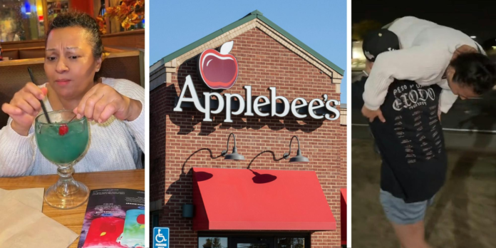 Applebee’s Customer drinking 'blue Lagoon" Drink(l) Applebee's Store Front(c) Man carrying woman(r)