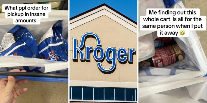 ‘This whole cart is all for the same person’: Viewers defend large Kroger pickup order that includes 25 soup cans, 5 boxes of cereal after worker mocks it