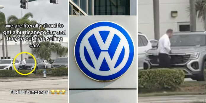 ‘We are literally about to get a hurricane today’: Man catches Volkswagen dealership selling cars in Florida as storm draws near