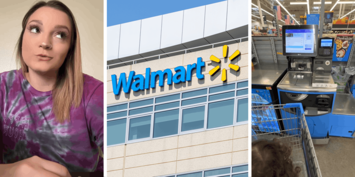 Woman glancing to the side(l) Walmart Store Sign on Building(c) Walmart self checkout(r)