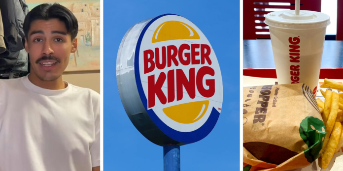 man on tiktok sharing his burger king experience(l) Burger King Sign(c) Burger King Meal(r)